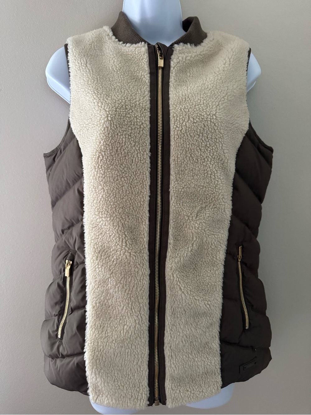Athleta Tundra Down 800 Fill Faux Shearling Puffer Vest Brown Cream Responsible